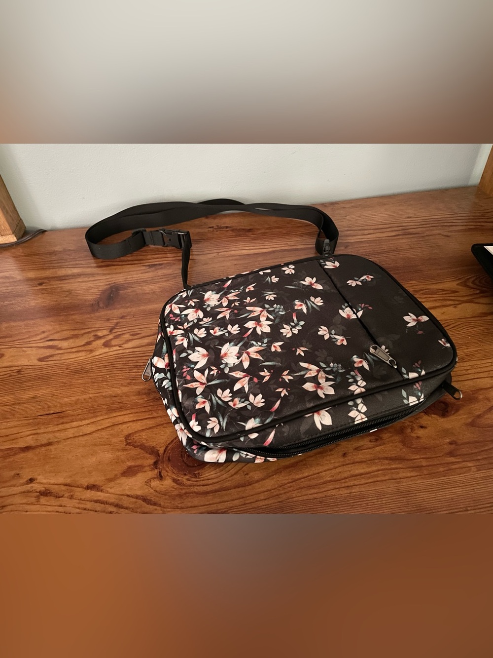 Floral Black Pencil Case Organizer with Strap